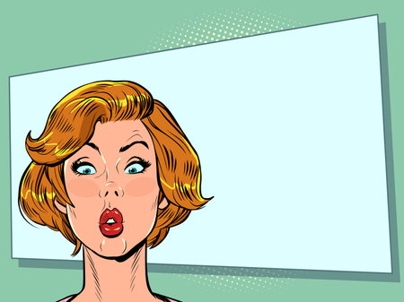 pop art surprised woman looks up. Attention gossip news universal blank background templateのイラスト素材