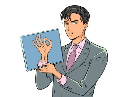 A man in a suit shows a display with an OK sign. The digital space is intertwined with our world. Technology is the future. Pop Art Retroのイラスト素材