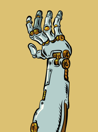 Artificial intelligence reaches out to all branches of work. Development of technology, robotics and medicine, prosthesis. Mechanical hand. Pop Art Retroのイラスト素材