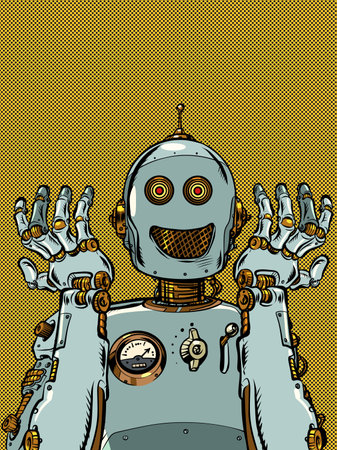 Robots are becoming part of us. Emotional steel retro robot smiles. Assistant in all matters. Pop Art Retroのイラスト素材