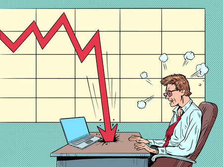 The crisis worsens the performance. The red graph is falling down. The collapse of prices, investments and stocks. The man at the laptop looks at the decline in the graph.Pop Art Retroのイラスト素材