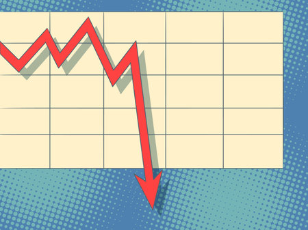The crisis worsens the performance. The red graph is falling down. The collapse of prices, investments and stocks.Pop Art Retroのイラスト素材