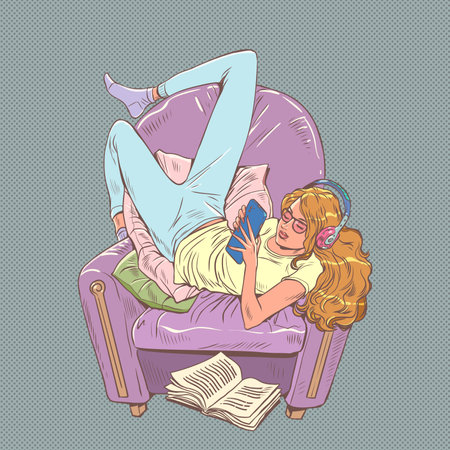 Home digital comfort. Music with you daily. A young girl lies on a chair with headphones and a phone. Pop Art Retroのイラスト素材