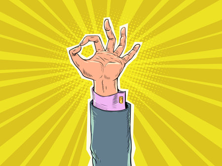 The businessman solved any problem. Help business in any situation. The hand of a man in a suit shows an ok sign. Pop Art Retroのイラスト素材