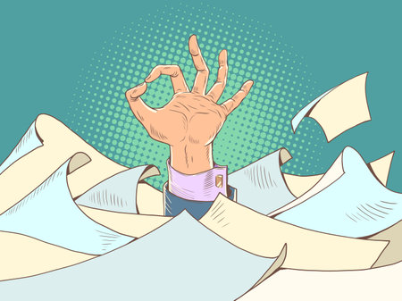 Problems at work can be solved. Deadlines add more worries. Okay sign among the heap of paper. Pop Art Retroのイラスト素材