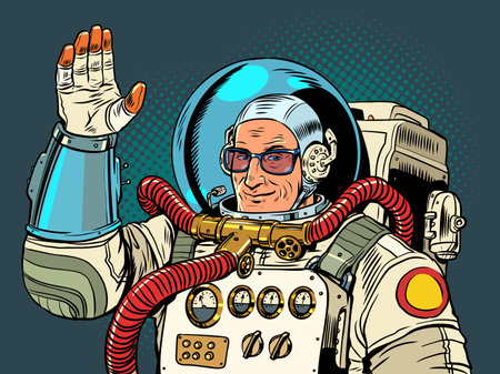 Hello from space. The astronaut in glasses smiles and waves his hand. International advertising. Pop Art Retroのイラスト素材