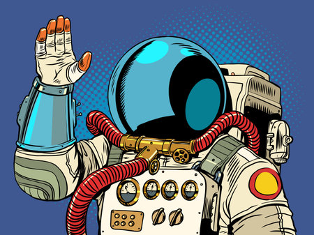 Space exploration is getting closer. The astronaut waves his hand. Intergalactic suit in all its glory. Pop Art Retroのイラスト素材