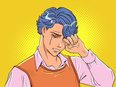 Experiences due to life problems. Men can cry too. Nice young anime guy crying. Pop Art Retroのイラスト素材
