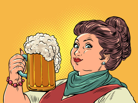 Nice stay with good drinks. The enjoyment of quality alcohol. Woman holding glass with beer Pop Art Retroのイラスト素材