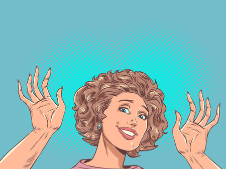 Joy from upcoming promotions, announcements and discounts. Advertisement for body products. The girl smiles and shows her hands. Pop Art Retroのイラスト素材
