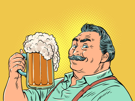 Excellent alcohol. Quality beer with lots of foam. A man with a mustache is holding a glass of beer. Pop Art Retroのイラスト素材