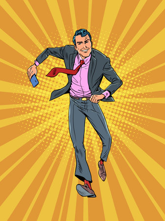 Way to success. Be online in any situation. Achievement of the goal. A man in a suit and red tie runs with a phone. Pop Art Retroのイラスト素材