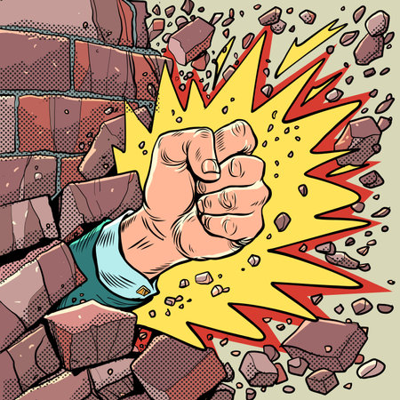 Break through barriers. Strength of mind. A mans fist with an explosion breaks the wall. Pop Art Retroのイラスト素材