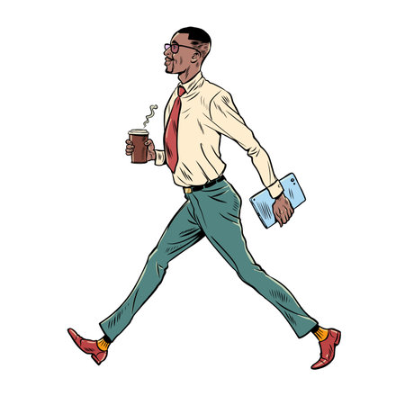Morning work routine of an office worker. African American businessman goes to work. A man in a suit walks with a folder and a cup of coffee. Pop Art Retroのイラスト素材