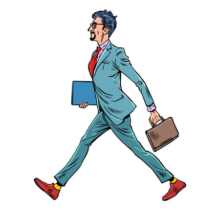 Morning work routine of an office worker. The businessman goes to work. A man in a suit walks with a briefcase and documents. Pop Art Retroのイラスト素材