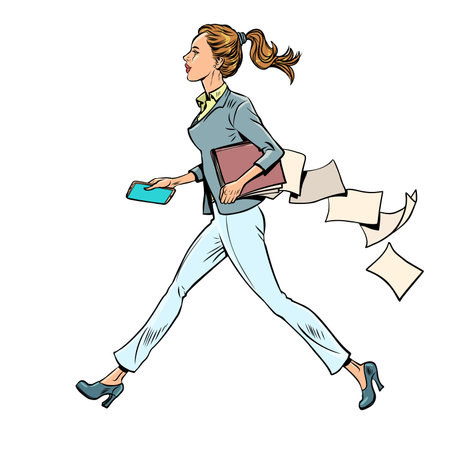 Morning work routine of an office worker. A girl in a suit is in a hurry to go to work or a meeting, and she has papers from documents lying around. Pop Art Retroのイラスト素材