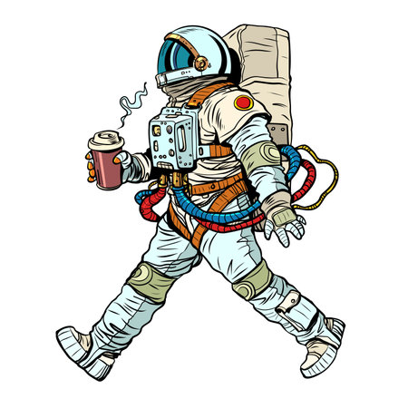 Delivery of a hot drink to any place. Love for coffee all over the world. Astronaut with a cup of coffee. Pop Art Retroのイラスト素材