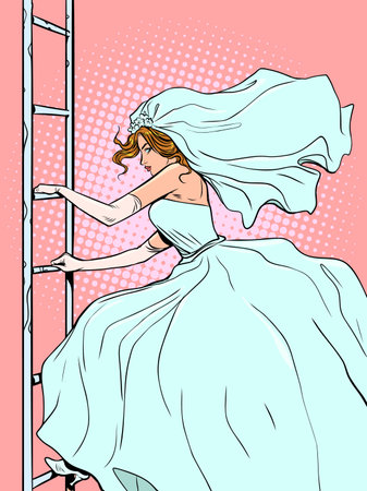 Escape from prejudice. The desire to move forward in self-development. The bride goes up or down the stairs. Pop Art Retroのイラスト素材