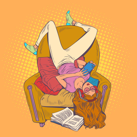 Relaxation from listening to music and reading books. Calm and comfort in your apartment. The girl in the headphones is resting in the home sofa. Pop Art Retroのイラスト素材
