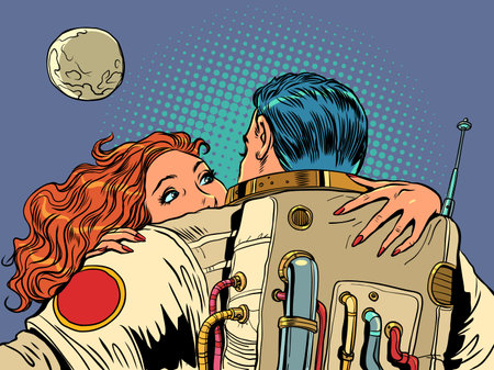 Relationship between a couple at a distance. Waiting for a loved one from afar. The girl hugs the astronaut. Pop Art Retroのイラスト素材