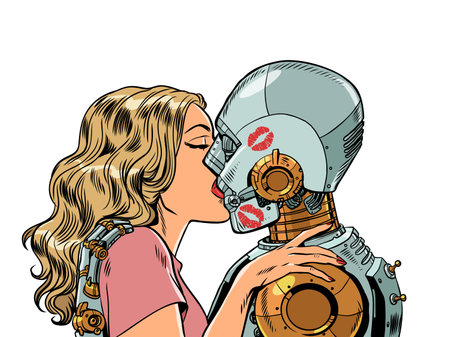 The interaction of artificial intelligence and people. Replacing real relationships with fictitious ones. The girl kisses the robot. Pop Art Retroのイラスト素材