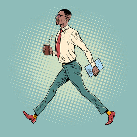 Morning work routine of an office worker. African American businessman goes to work. A man in a suit walks with a folder and a cup of coffee. Pop Art Retroのイラスト素材