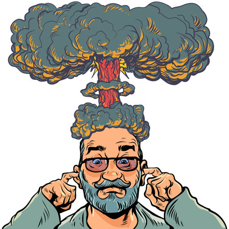 Brain explosion. A strong load on the thoughts of a person. A man with a beard and glasses plugs his...