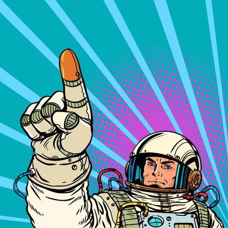 Pop Art Retro The astronaut points with his index finger. Reaching forward to the stars Setting and completing tasks.のイラスト素材