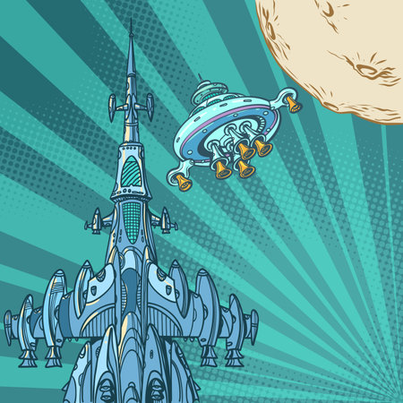 Pop Art Retro A space station on the outskirts of the moon. Future development of humanity and the study of the universe. Fantastic ideas for space exploration.のイラスト素材