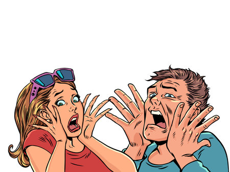 Pop Art Retro A man and a woman scream in horror, covering their faces with their hands. Scary proposals for couples. Surprised and frightened clients.のイラスト素材