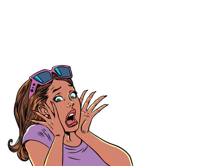 Pop Art Retro The woman screams in horror, covering her face with her hands. Scary offers for manicures and personal care products. Surprised and frightened client.のイラスト素材