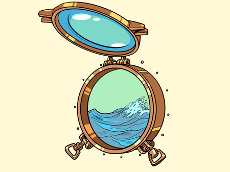 Pop Art Retro Open hatch overlooking the ocean. An incredibly profitable trip to the sea with new impressions. Work on the water, away from land.のイラスト素材