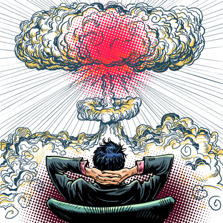 A man in a suit sits with his hands behind his head and looks at the explosion. The boss rejoices at the overwhelming success of his project. Eliminating a competitor in business.のイラスト素材