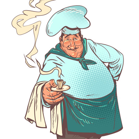 A male chef elegantly serves a cup of hot drink. Cozy, delicious coffee shop with specials in the morning. A professional in his work in cooking.のイラスト素材