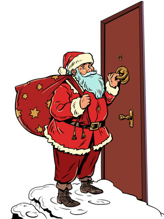 Delivery of gifts on New Year and Christmas. Santa Claus with a bag near the door. Holiday Eve and shopping in winter.のイラスト素材