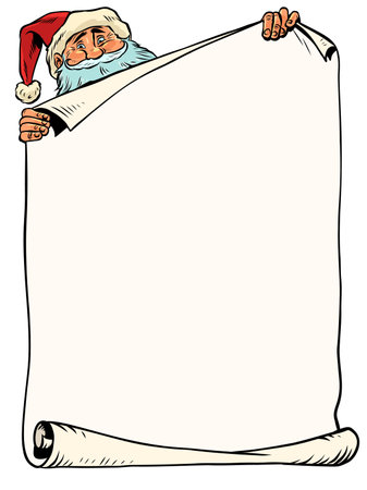 Wish list for new year and christmas. Santa claus with blank sheet. White space for advertising in winter.のイラスト素材