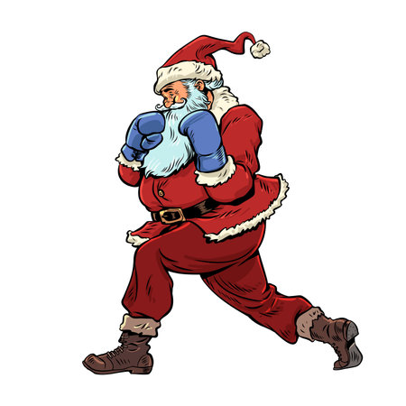 Advertising of a gym in winter. Sports as a gift for New Year and Christmas. Santa Claus with boxing gloves.のイラスト素材