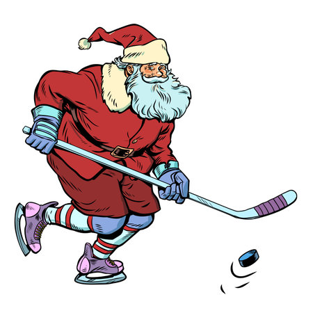 Winter sports and activities. Santa Claus plays hockey. Sale of sports equipment for New Year and Christmas.のイラスト素材