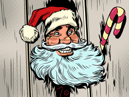 Buying gifts for New Year and Christmas. Santa Claus as a face from a horror movie. Bright advertising of online stores in winter.のイラスト素材