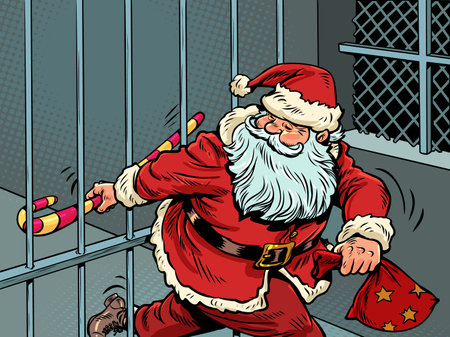 New Year and Christmas are coming. Santa Claus escapes from prison. Limited offer for customers in winter.のイラスト素材