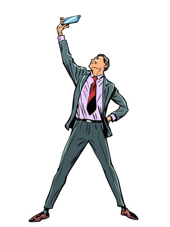 Pop Art Retro A man in a suit takes a photo of himself. Achieving success in business. Career growth and finding motivation.のイラスト素材