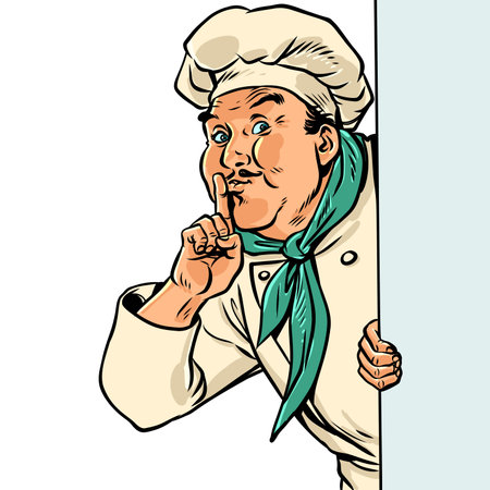 Pop Art Retro The chef signals for quiet. New food delivery menu. The secret ingredient in the restaurants food.のイラスト素材