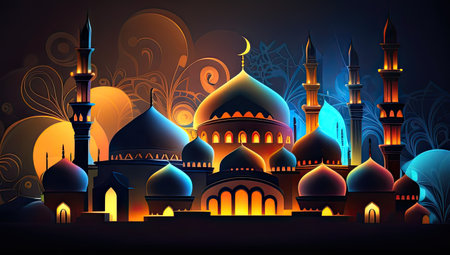 Ramadan Kareem greeting card with mosque and lanterns. vector illustrationの素材