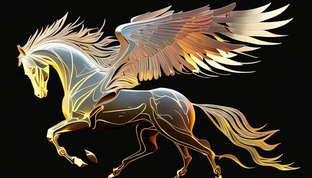 Horse Pegasus with golden wings. Vector illustration isolated on black backgroundの素材