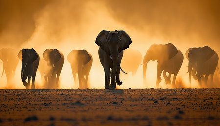 Elephants in the savanna at sunset, Namibia.の素材