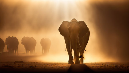 Silhouette of an elephant in the desert at sunset, Indiaの素材