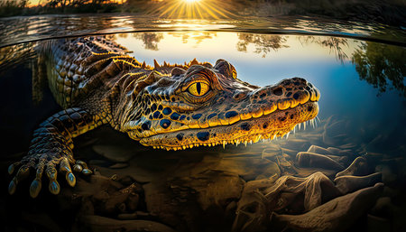 3d rendering of a crocodile in a pond at sunset.の素材