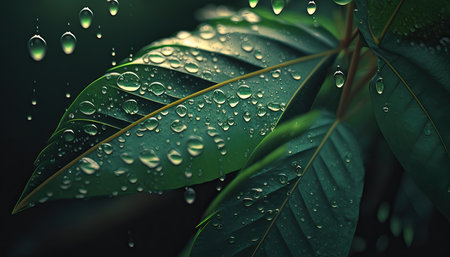 Water drops on green leaf after rain. Nature background with copy space.の素材