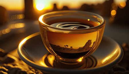Cup of tea on a table in the rays of the setting sunの素材