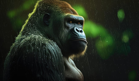 Gorilla in rain on a dark background. 3d renderingの素材